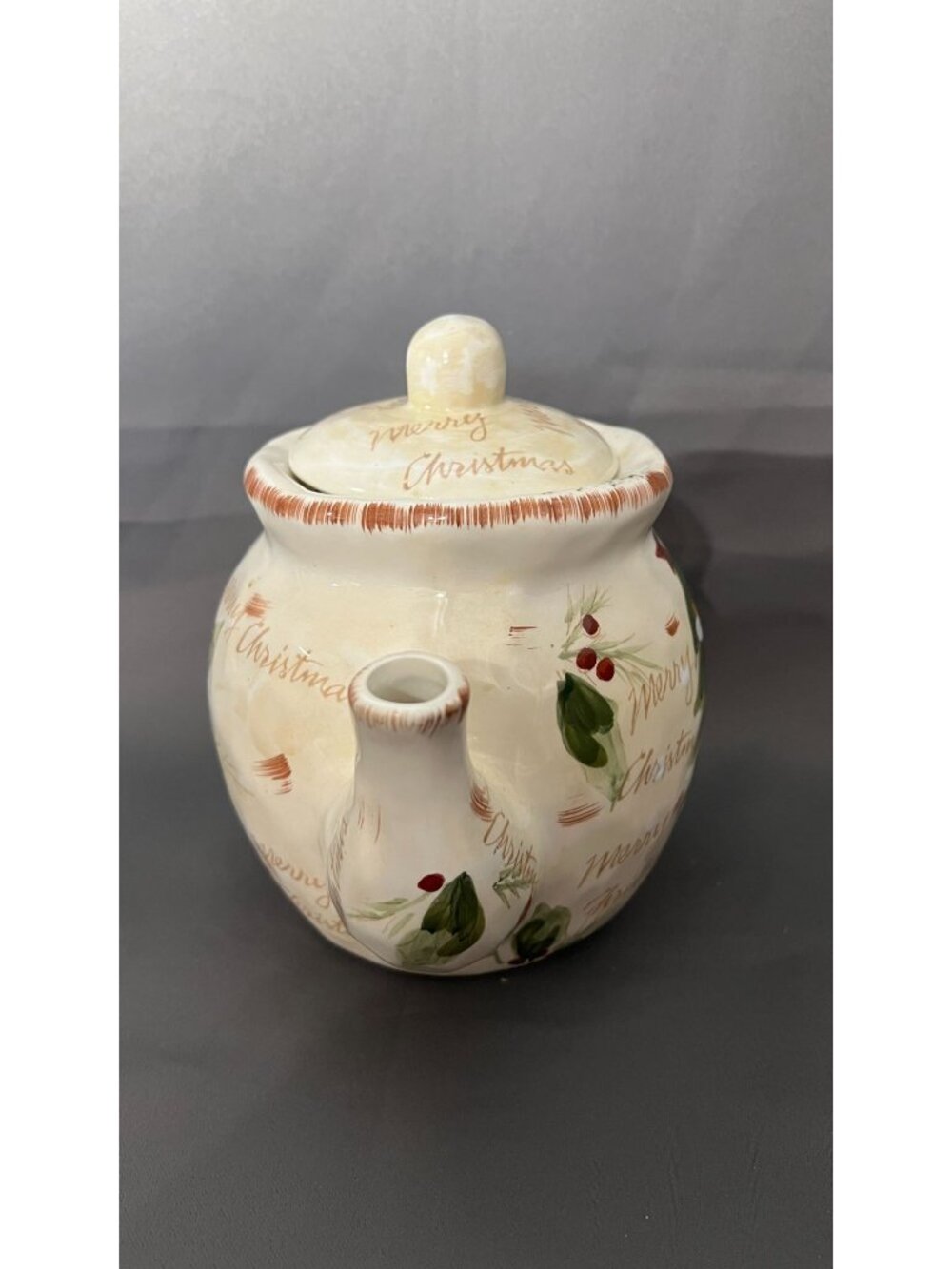 Christmas Ceramic Teapot Hand-Painted With Tree & Holly Design "Merry Christmas" - Picture 4 of 7